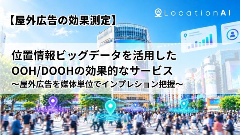 屋外広告の効果測定を示す都市の広場。群衆の中にARの位置情報アイコンが表示されている。
