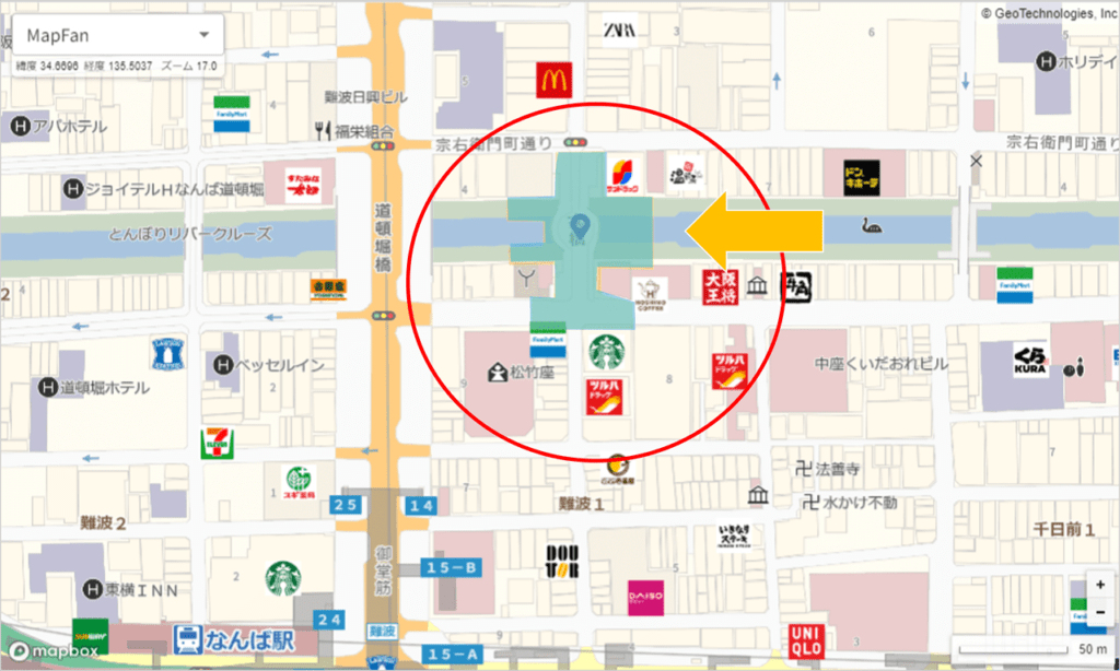 人流分析を行ったなんば戎橋周辺の分析地点の分析エリア