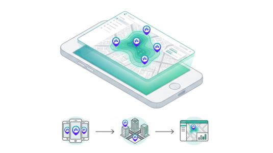 Phone with a map and location pins; illustrates geolocation tracking flow to the analytics dashboard.