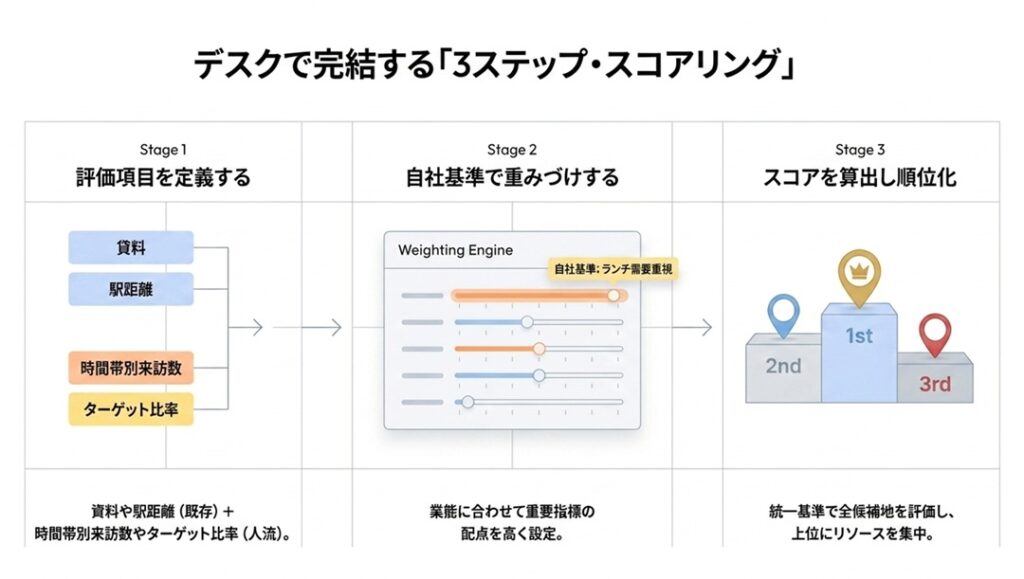 デスクで完結する3ステップスコアリング | 【出店戦略】候補地が多すぎて決められない？人流データを使った確実な店舗候補地の絞り込み方