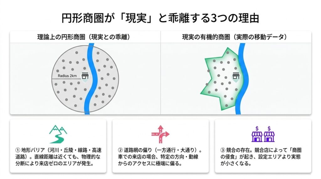 円型現実と乖離する理由 | 商圏分析の精度が変わる。円商圏と実勢商圏の違いとは？人流データで販促ロスを防ぐ「真の集客エリア」を可視化する方法