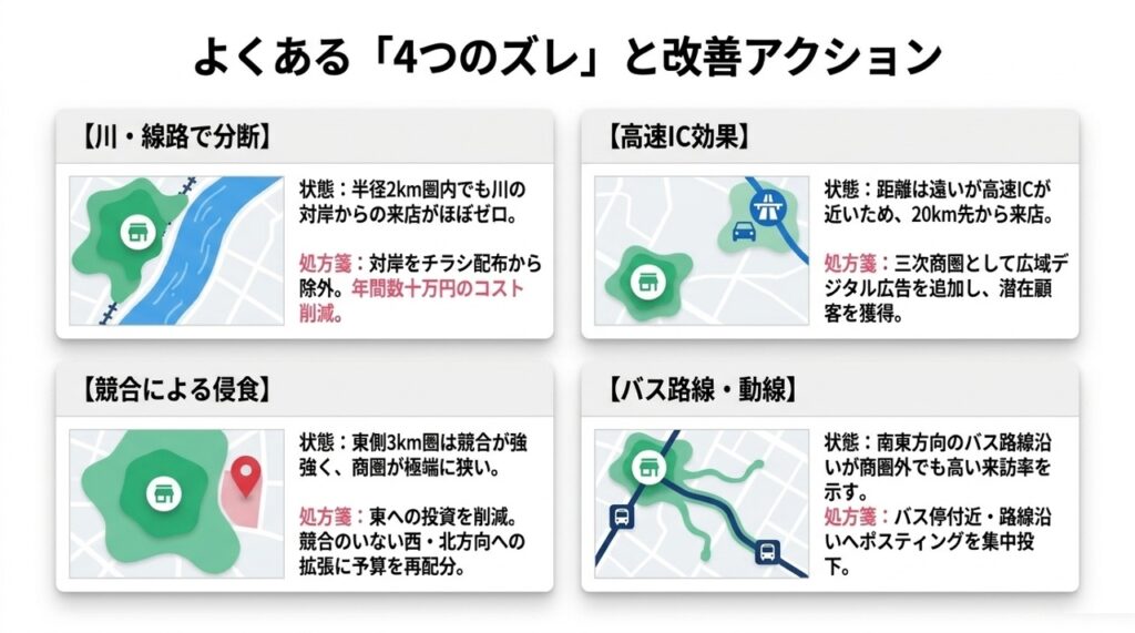 商圏分析_よくある4つのズレ | 商圏分析の精度が変わる。円商圏と実勢商圏の違いとは？人流データで販促ロスを防ぐ「真の集客エリア」を可視化する方法