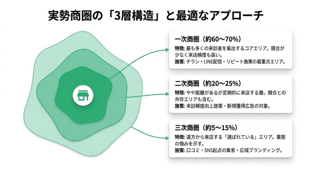 実勢商圏の3層構造 | 商圏分析の精度が変わる。円商圏と実勢商圏の違いとは？人流データで販促ロスを防ぐ「真の集客エリア」を可視化する方法