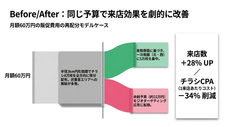 導入後の改善イメージ | 商圏分析の精度が変わる。円商圏と実勢商圏の違いとは？人流データで販促ロスを防ぐ「真の集客エリア」を可視化する方法