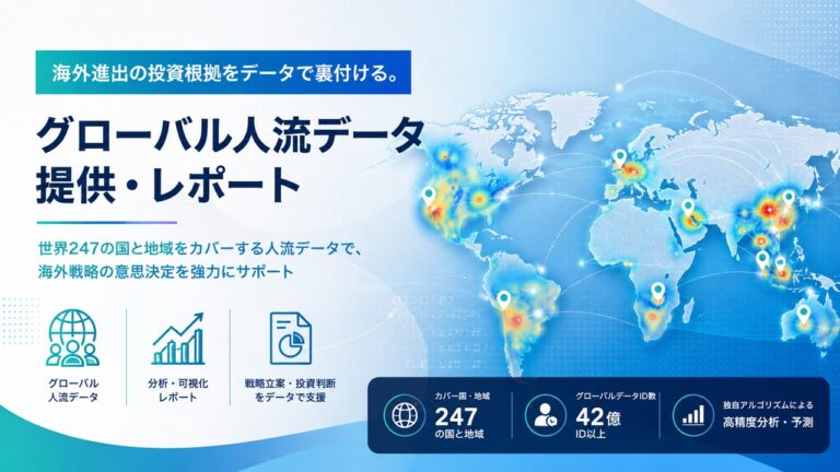 世界地図のヒートマップとピンが散らばる、グローバル人流データのビジュアル。見出し「グローバル人流データ 提供・レポート」を含むブルー系の背景。下部にデータ分析・レポートのアイコン。